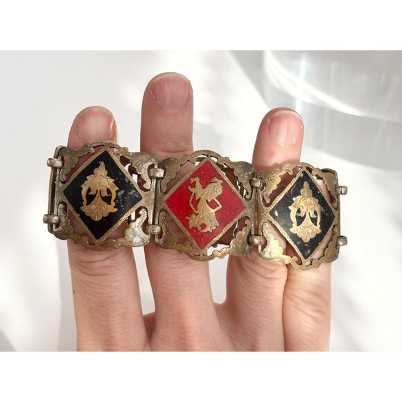 Silver Toned Multicolored Paneled Family Crest Sterling Silver Vintage Bracelet - Picture 10 of 10